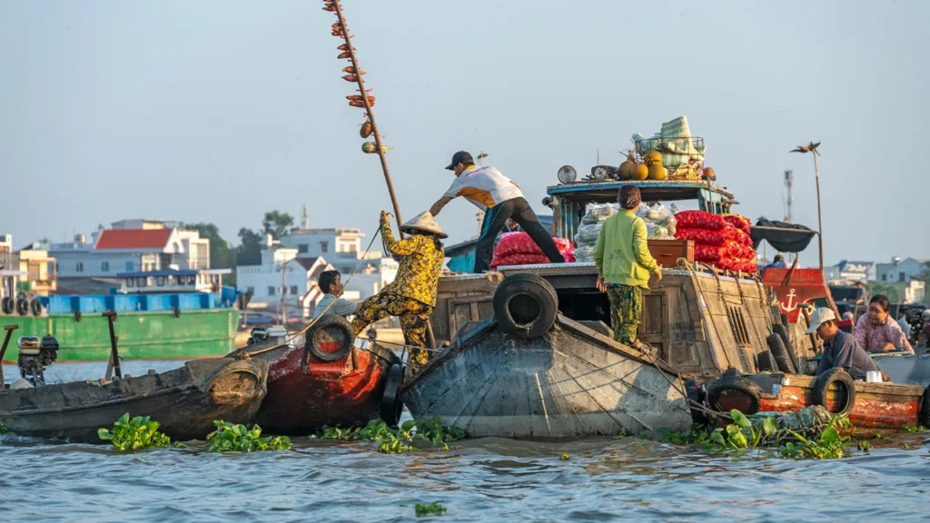 Local traders transferring goods between boats at Cai Rang floating market, Mekong Delta.