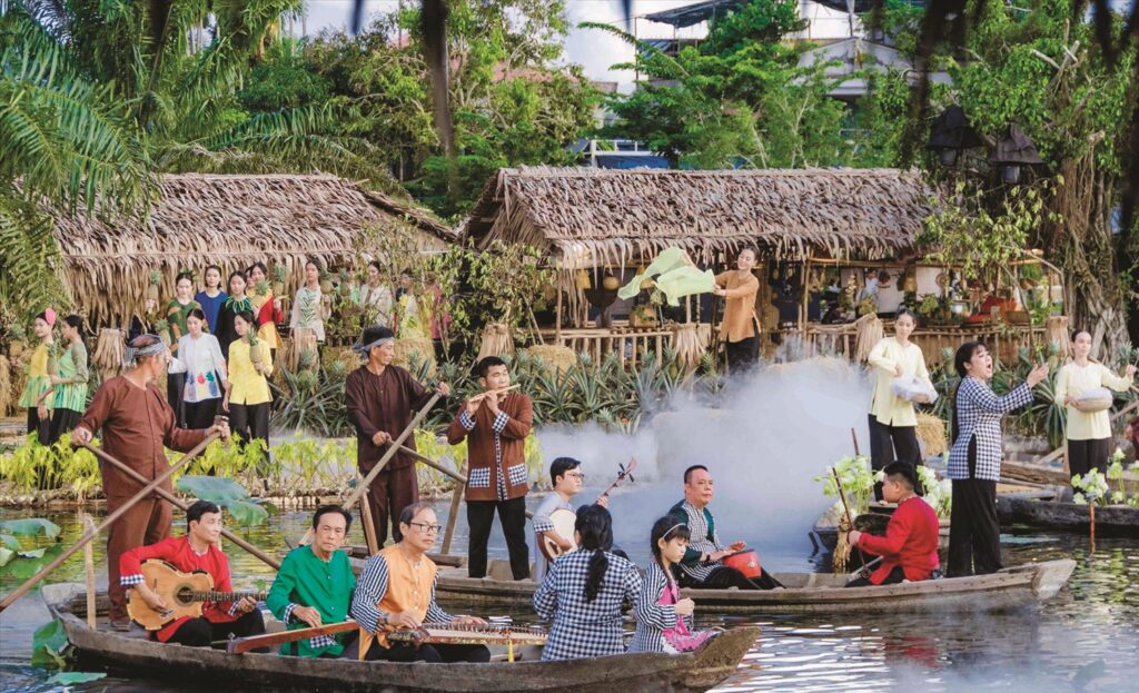 Don Ca Tai Tu folk music performance on a boat along the river.