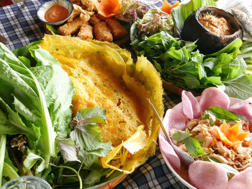 Vietnamese Mekong-style Banh Xeo savory pancake with shrimp and pork.