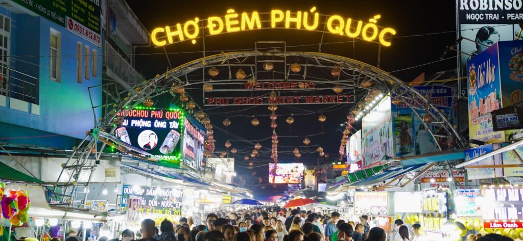 Crowded Phu Quoc Night Market with bustling stalls