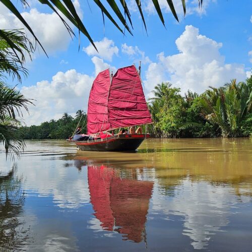 Red-sail boat gliding through peaceful nipa palm waterways in the Mekong Delta.