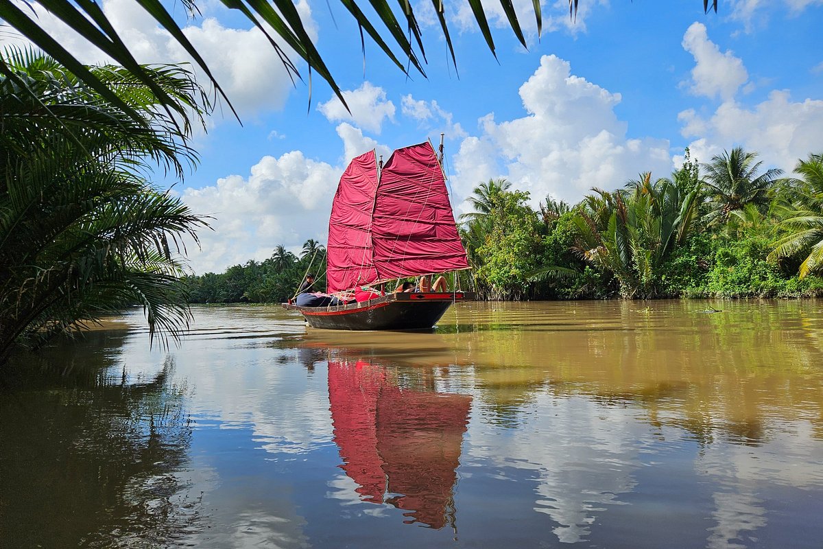 Red-sail boat gliding through peaceful nipa palm waterways in the Mekong Delta.