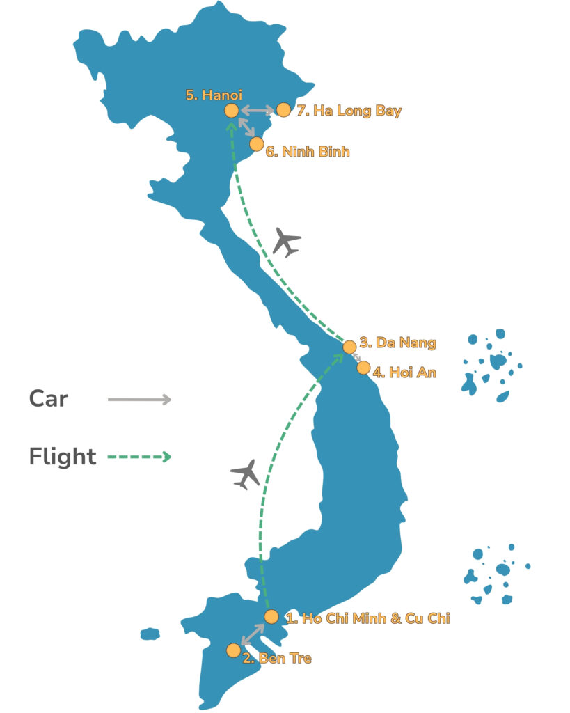 Crossing Vietnam 10 days itinerary map from South to North - Ho Chi Minh City to Mekong Delta, fly Central and continue to the North