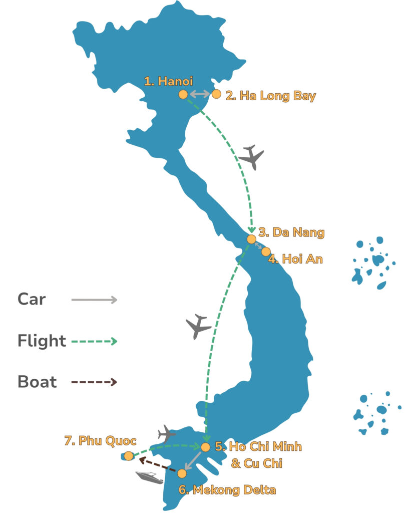 Crossing Vietnam itinerary map from North to South - Hanoi to Central and Southern Vietnam, then continue to Phu Quoc island and comeback to Ho Chi Minh City