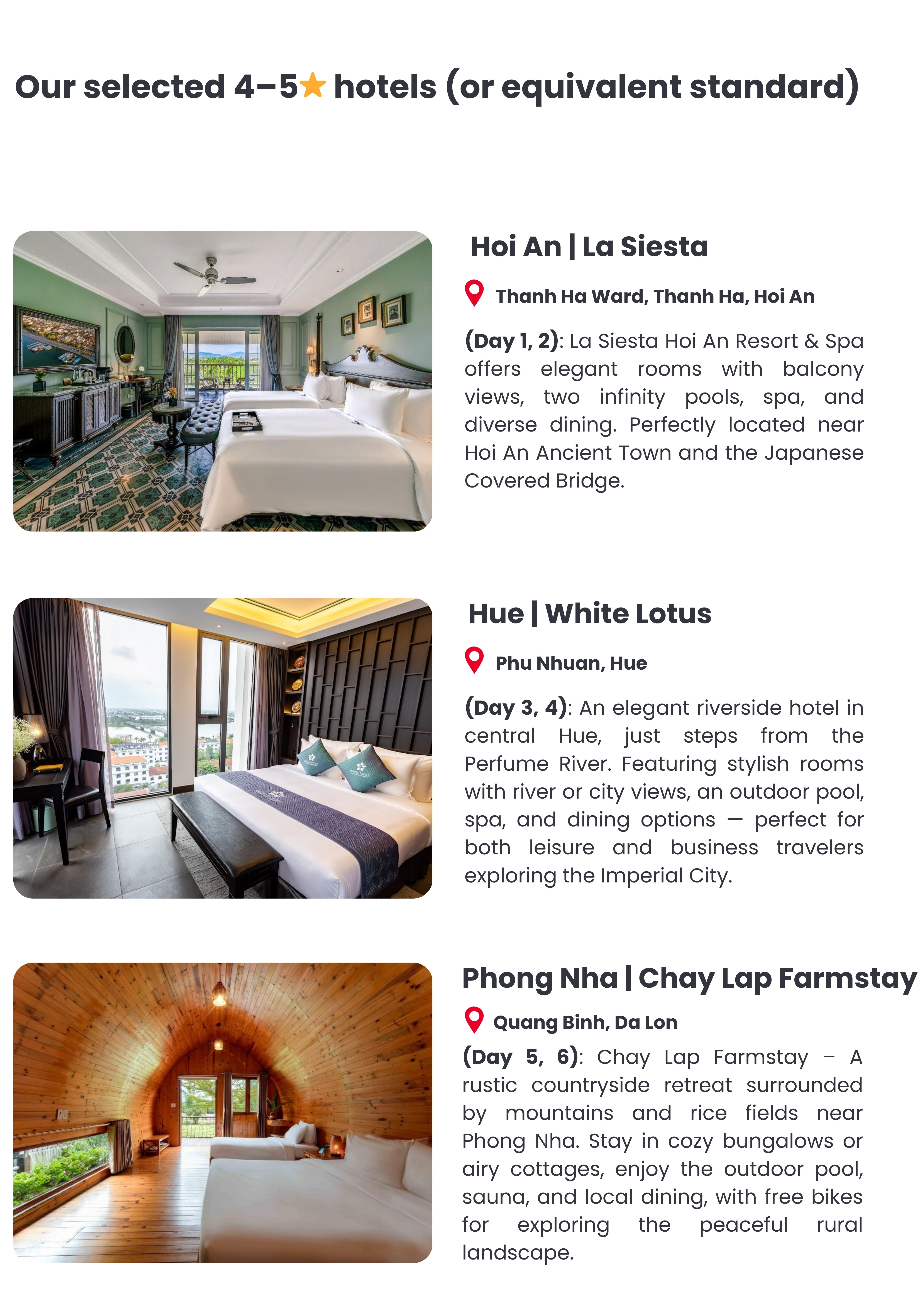 List of luxury hotels in Central Vietnam, including Hoi An, Hue and Phong Nha with room previews and descriptions