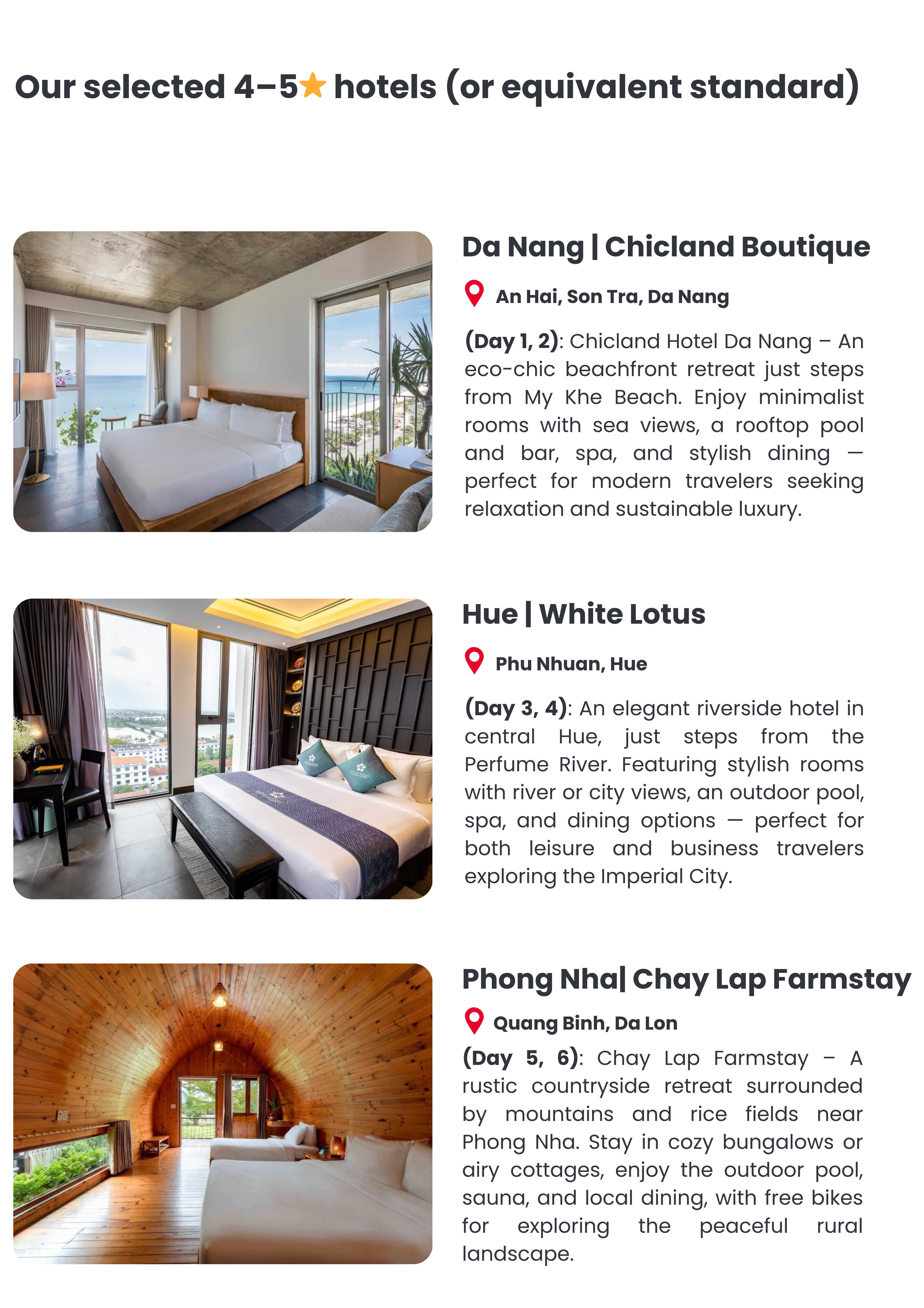 List of luxury hotels in Central Vietnam, including Da Nang, Hue and Phong Nha, with room previews and descriptions