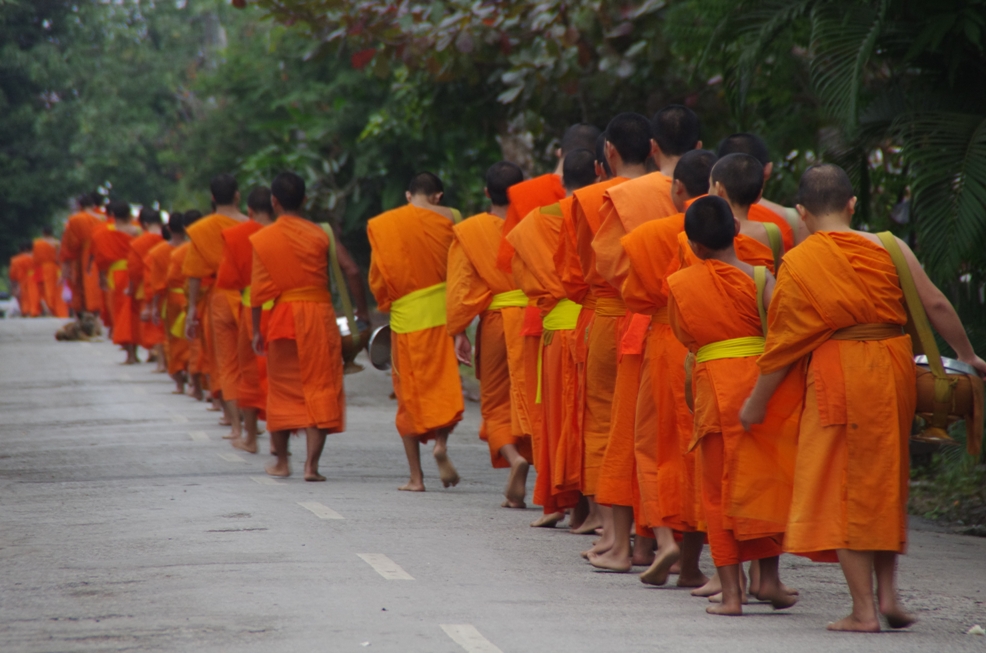 Buddhist monks walking along the street during morning alms giving ritual in Laos, a peaceful cultural highlight of a Laos tour.