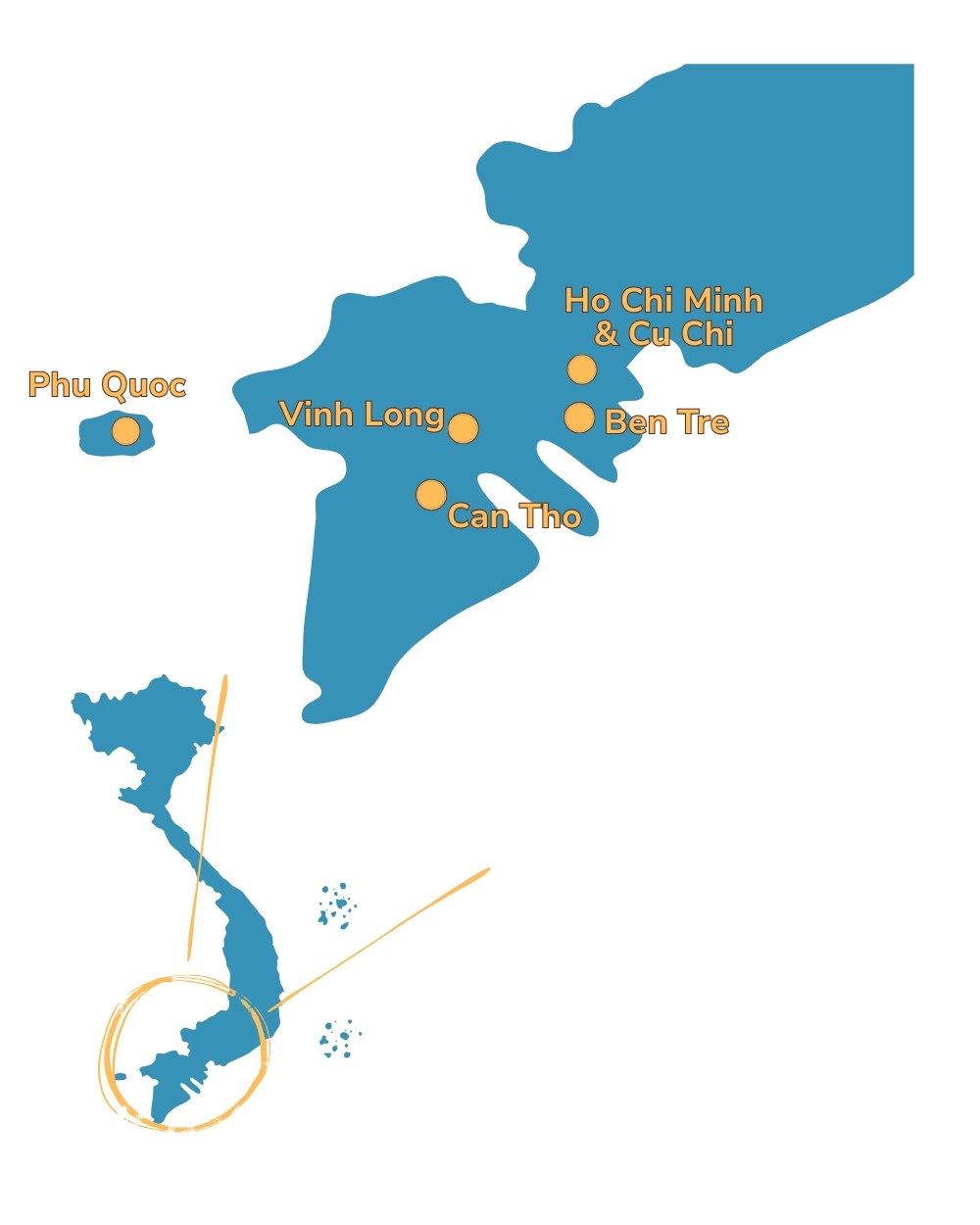Map focusing on Southern part of Vietnam. Marking highlight destinations