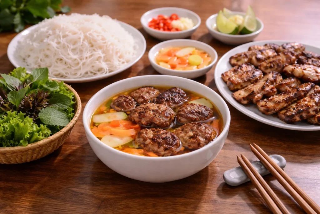 Traditional Hanoi bun cha set with grilled pork, dipping sauce, vermicelli, fresh herbs and side condiments