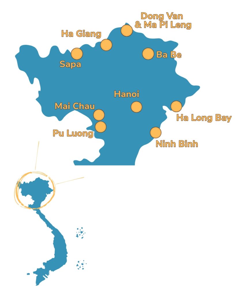 Map focusing on Northern part of Vietnam. Marking highlight destinations
