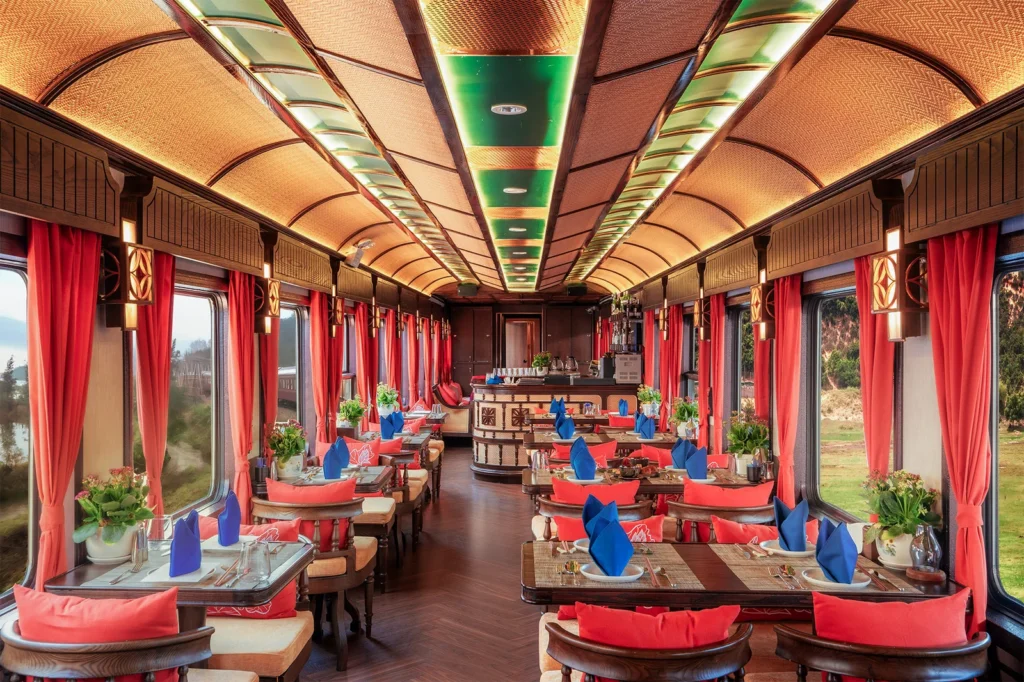 Inside the elegant and luxurious dining cabin of the S Journey train.