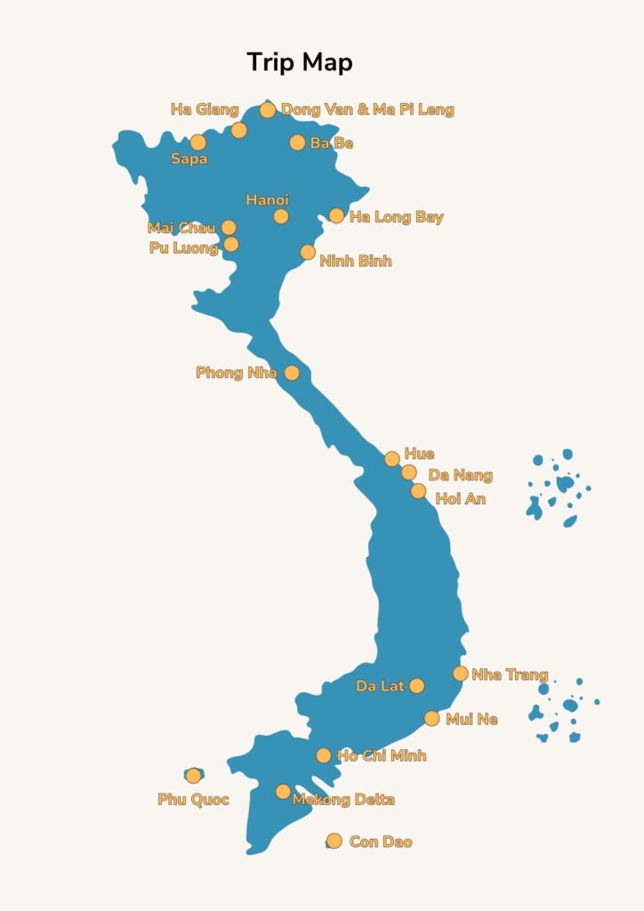 whole vietnam map with points of highlight destinations of the whole country