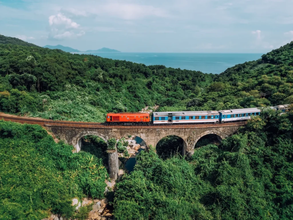 The train is running through the seas.